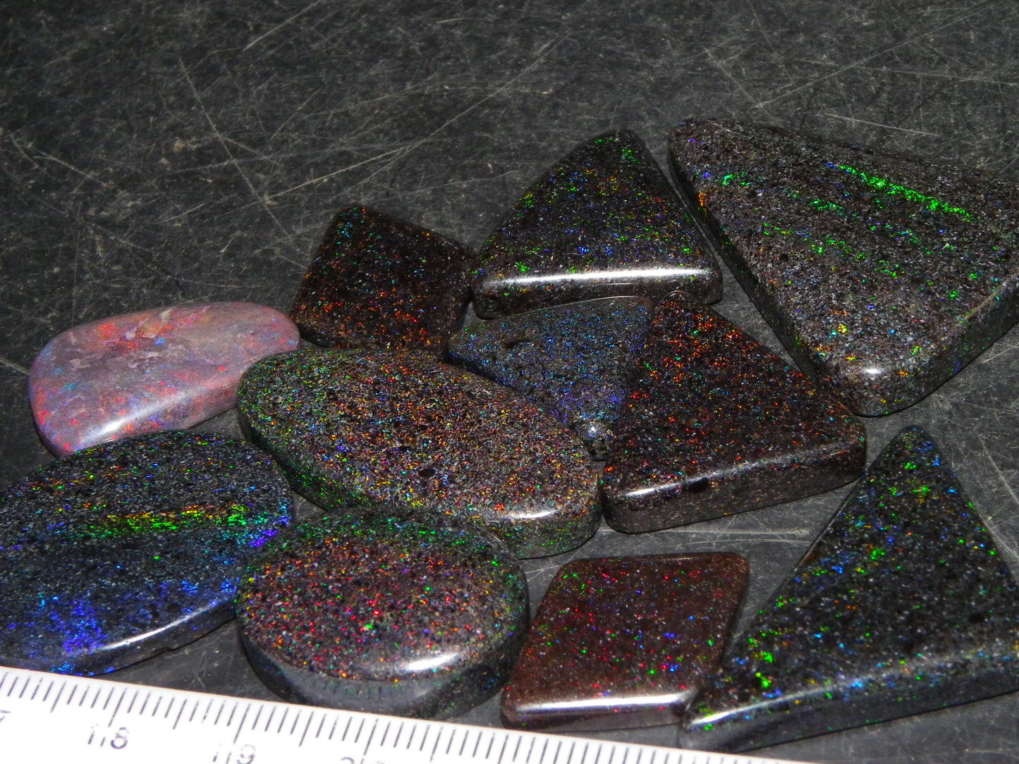 13 Nice Cut/Polished /Treated Andamooka Matrix Opals 143cts Red/Green/Blue Fires