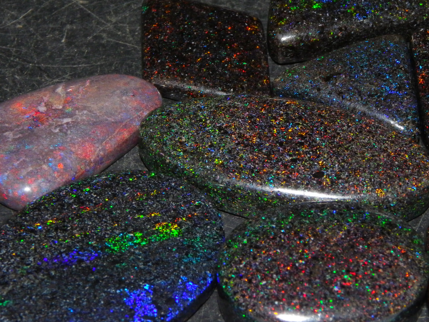 13 Nice Cut/Polished /Treated Andamooka Matrix Opals 143cts Red/Green/Blue Fires