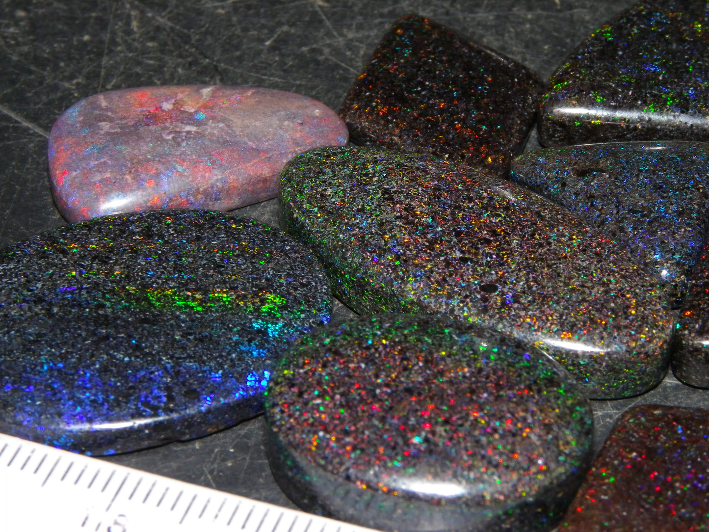 13 Nice Cut/Polished /Treated Andamooka Matrix Opals 143cts Red/Green/Blue Fires