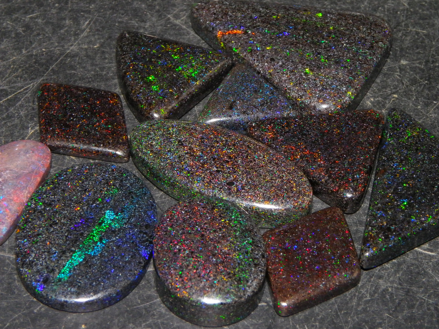 13 Nice Cut/Polished /Treated Andamooka Matrix Opals 143cts Red/Green/Blue Fires