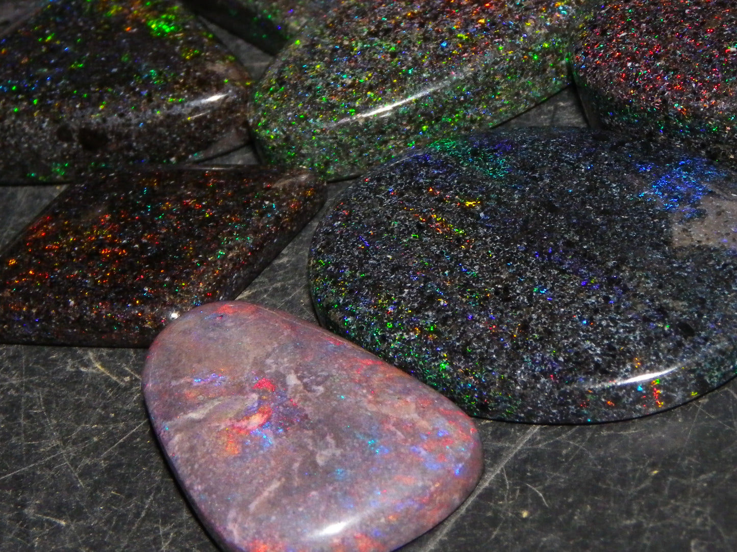 13 Nice Cut/Polished /Treated Andamooka Matrix Opals 143cts Red/Green/Blue Fires