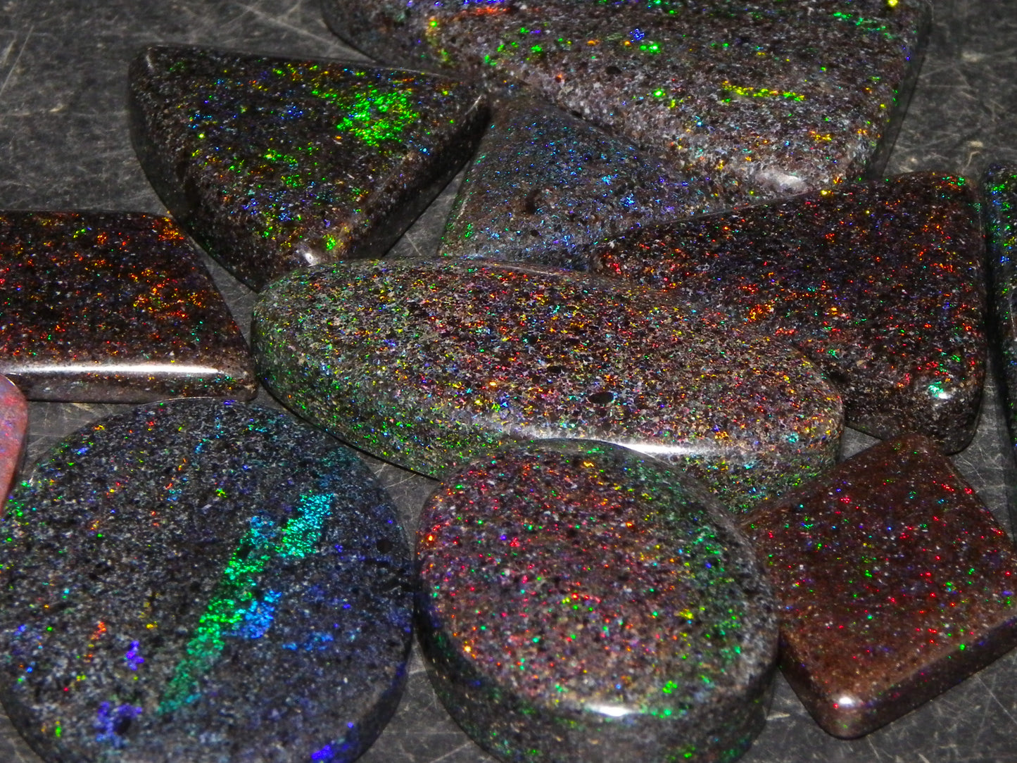 13 Nice Cut/Polished /Treated Andamooka Matrix Opals 143cts Red/Green/Blue Fires