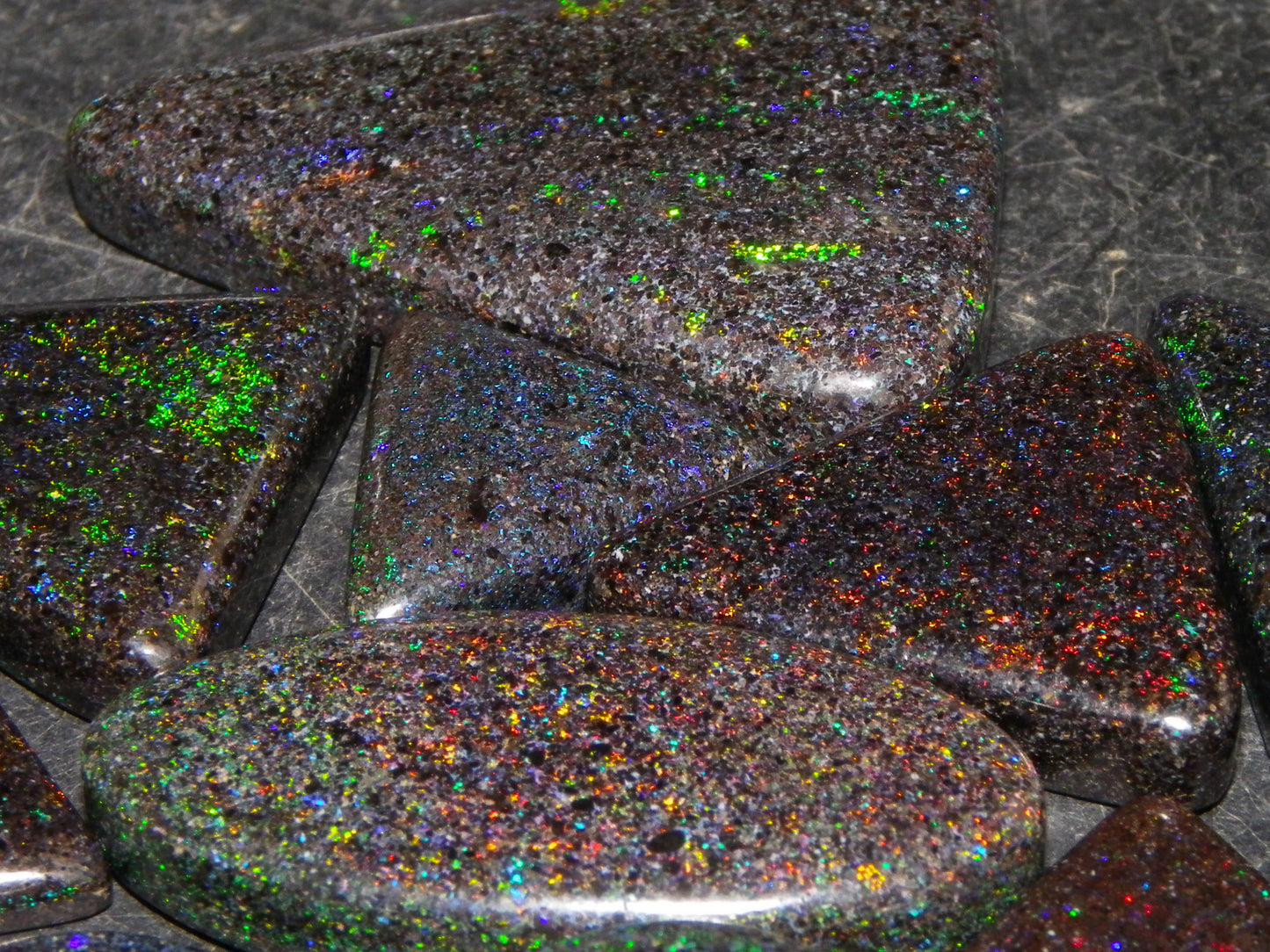 13 Nice Cut/Polished /Treated Andamooka Matrix Opals 143cts Red/Green/Blue Fires