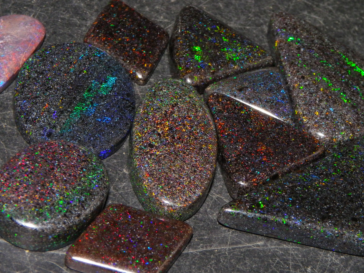 13 Nice Cut/Polished /Treated Andamooka Matrix Opals 143cts Red/Green/Blue Fires