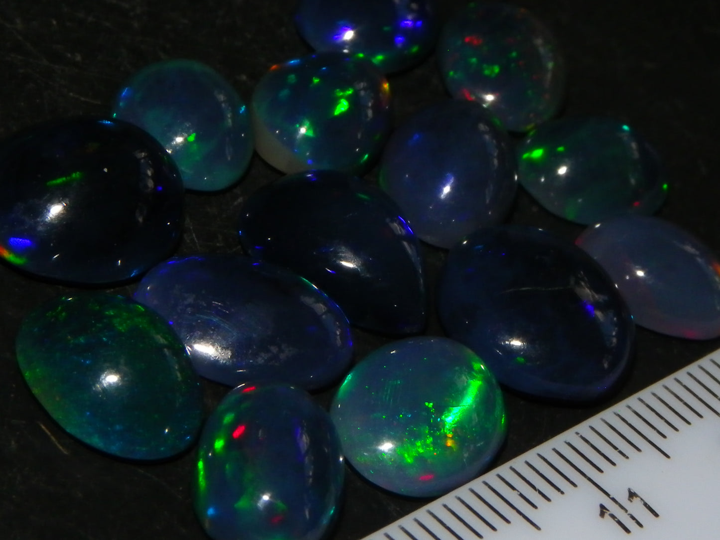 14 Nice Cut/Polished Smoked/Dark Welo Crystal Opal cabs 21.4cts Mixed Fires :)