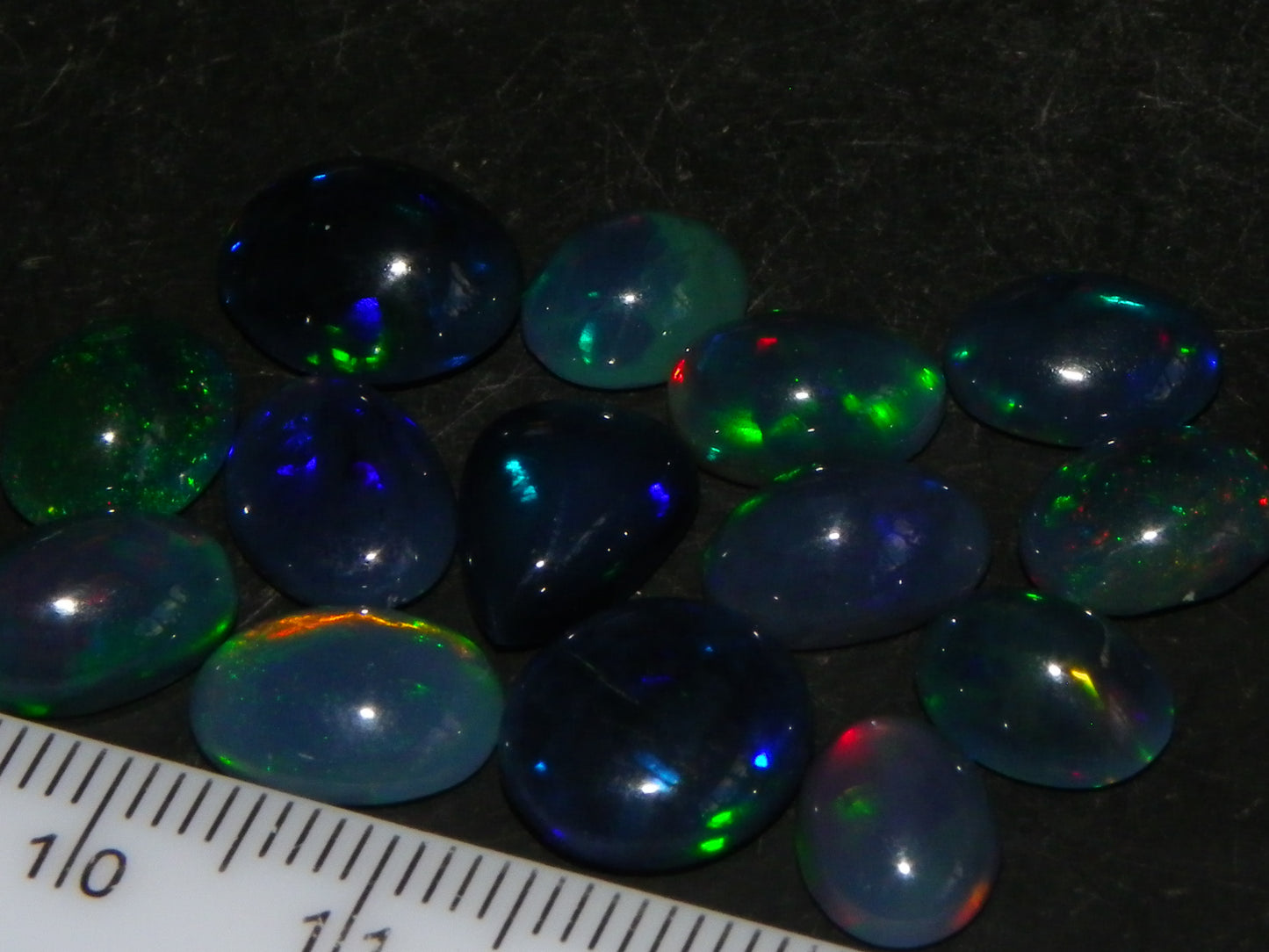 14 Nice Cut/Polished Smoked/Dark Welo Crystal Opal cabs 21.4cts Mixed Fires :)