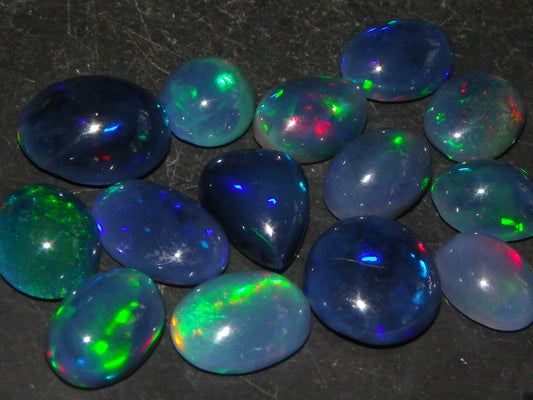 14 Nice Cut/Polished Smoked/Dark Welo Crystal Opal cabs 21.4cts Mixed Fires :)