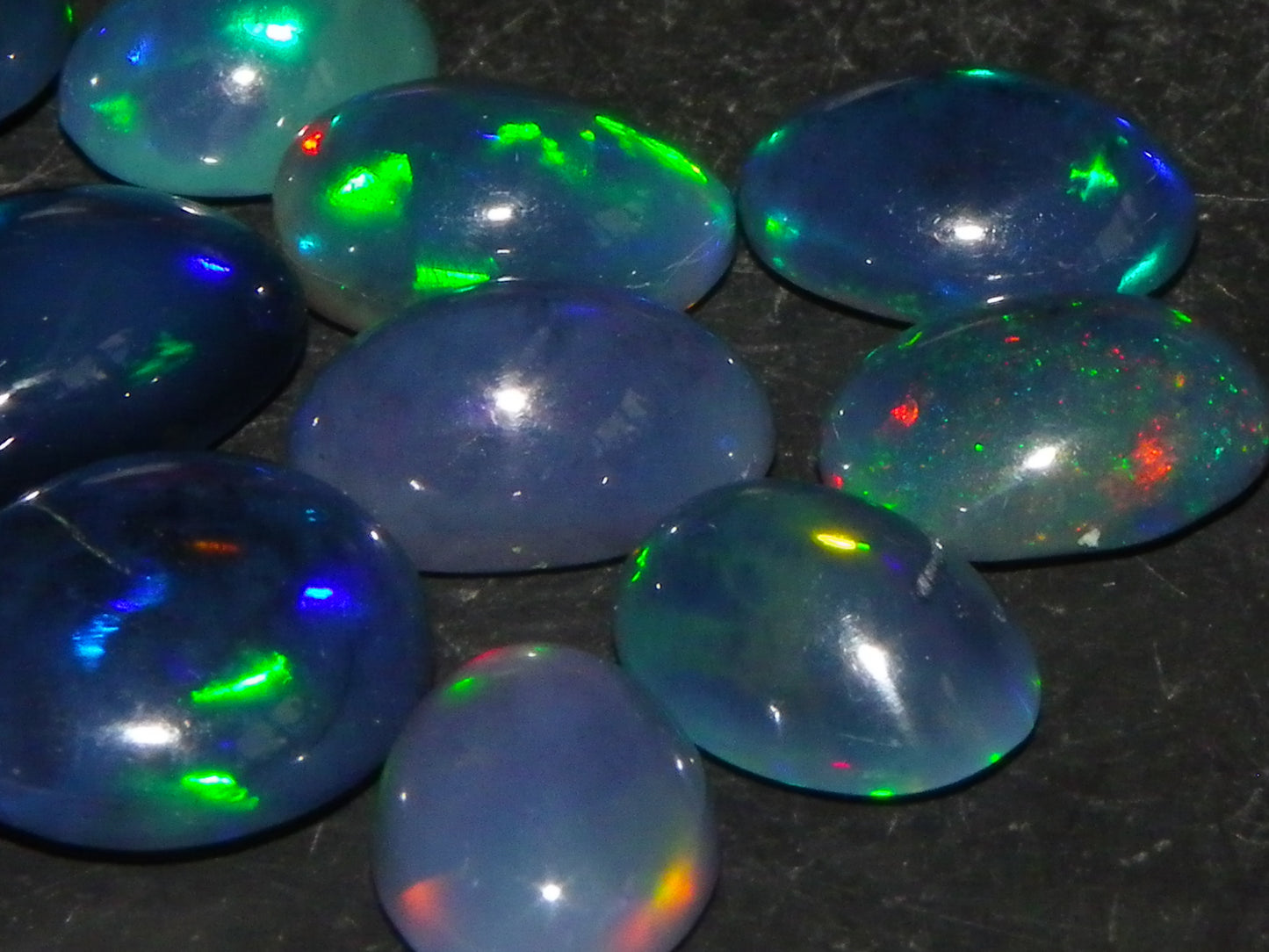 14 Nice Cut/Polished Smoked/Dark Welo Crystal Opal cabs 21.4cts Mixed Fires :)