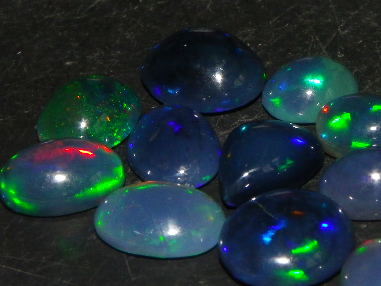 14 Nice Cut/Polished Smoked/Dark Welo Crystal Opal cabs 21.4cts Mixed Fires :)