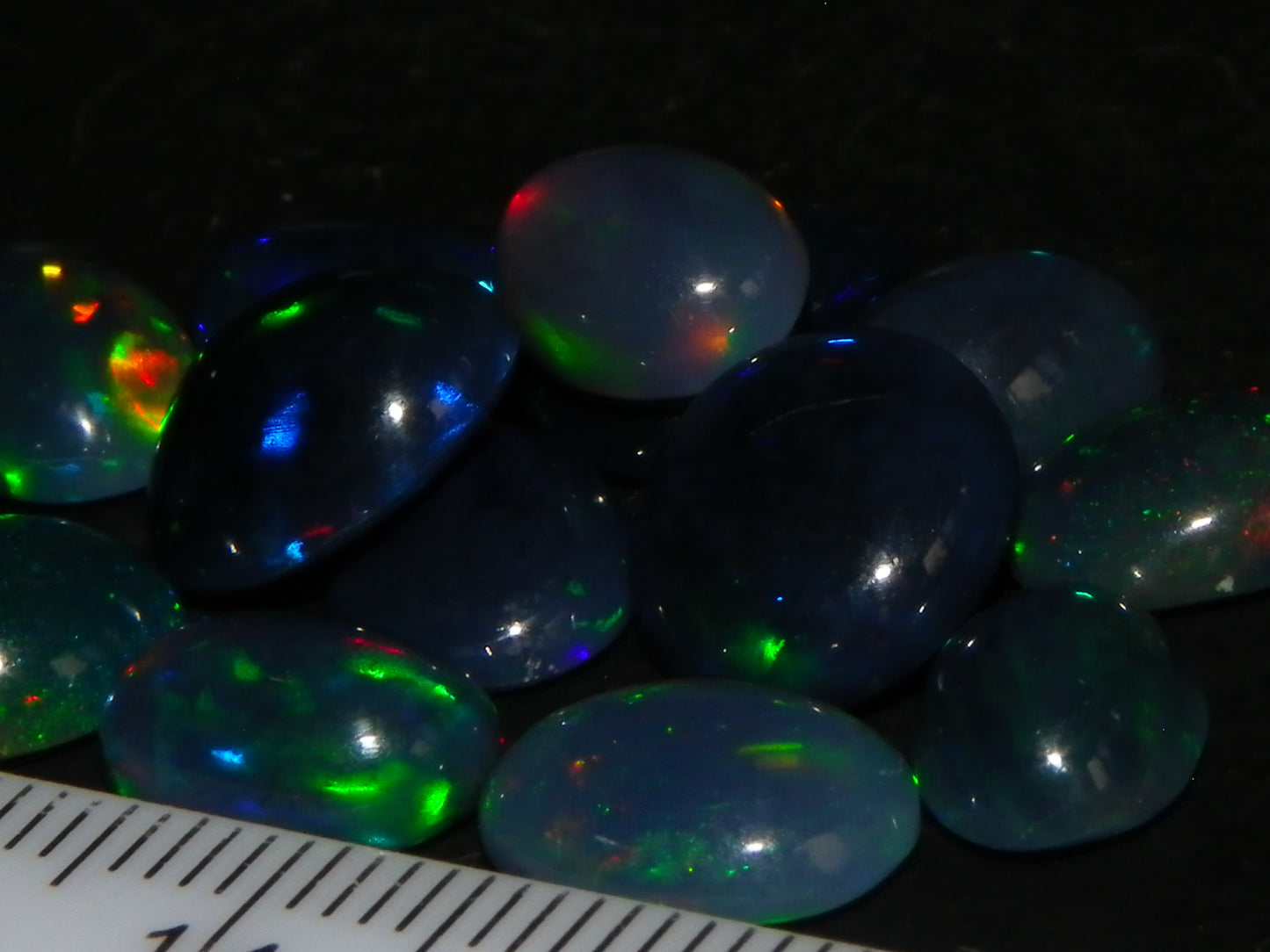 14 Nice Cut/Polished Smoked/Dark Welo Crystal Opal cabs 21.4cts Mixed Fires :)