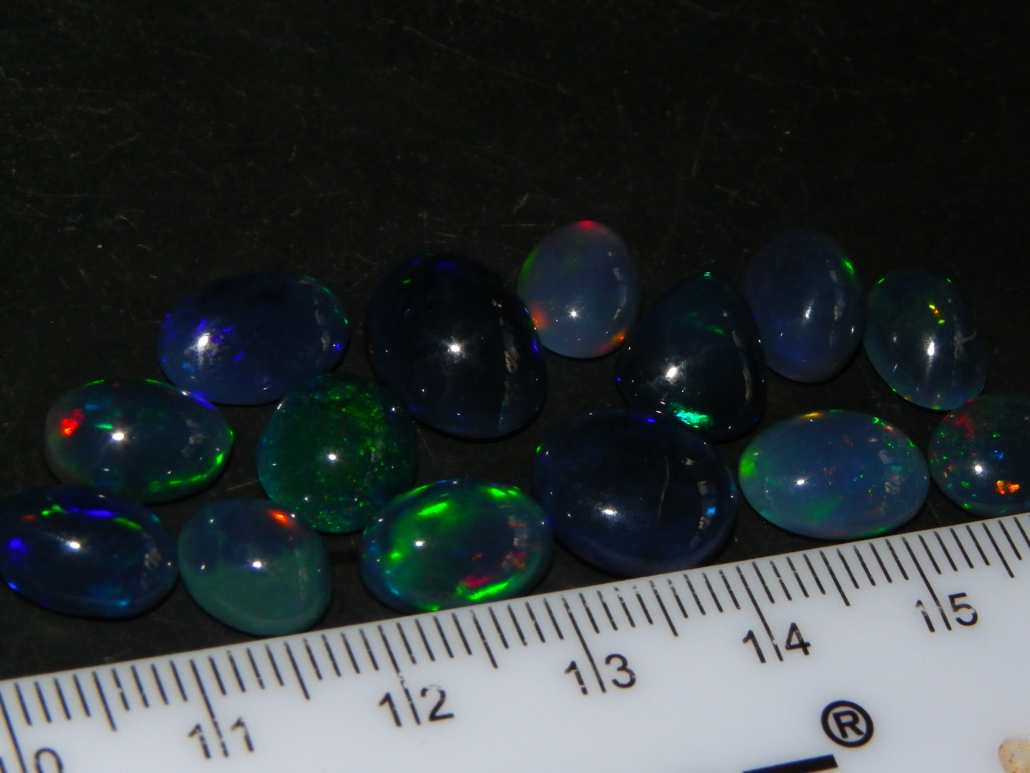 14 Nice Cut/Polished Smoked/Dark Welo Crystal Opal cabs 21.4cts Mixed Fires :)