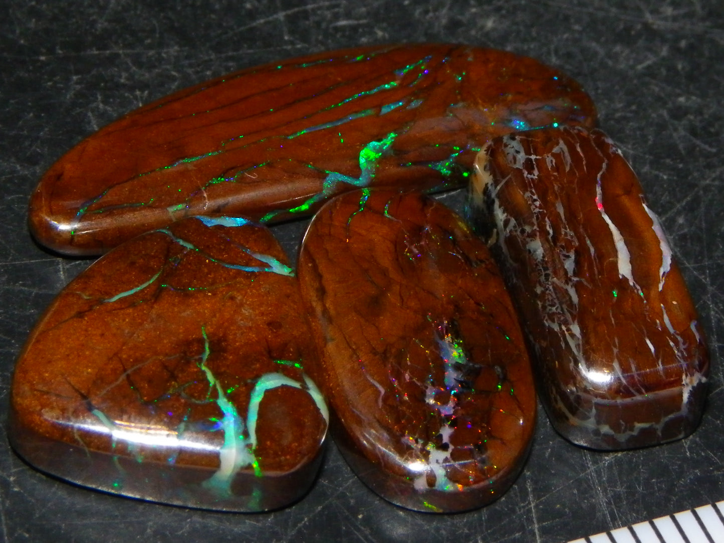 4 Nice Cut/Polished Boulder Opal Cabs/Freeforms 27.3cts Some Veins/Fires Green/reds