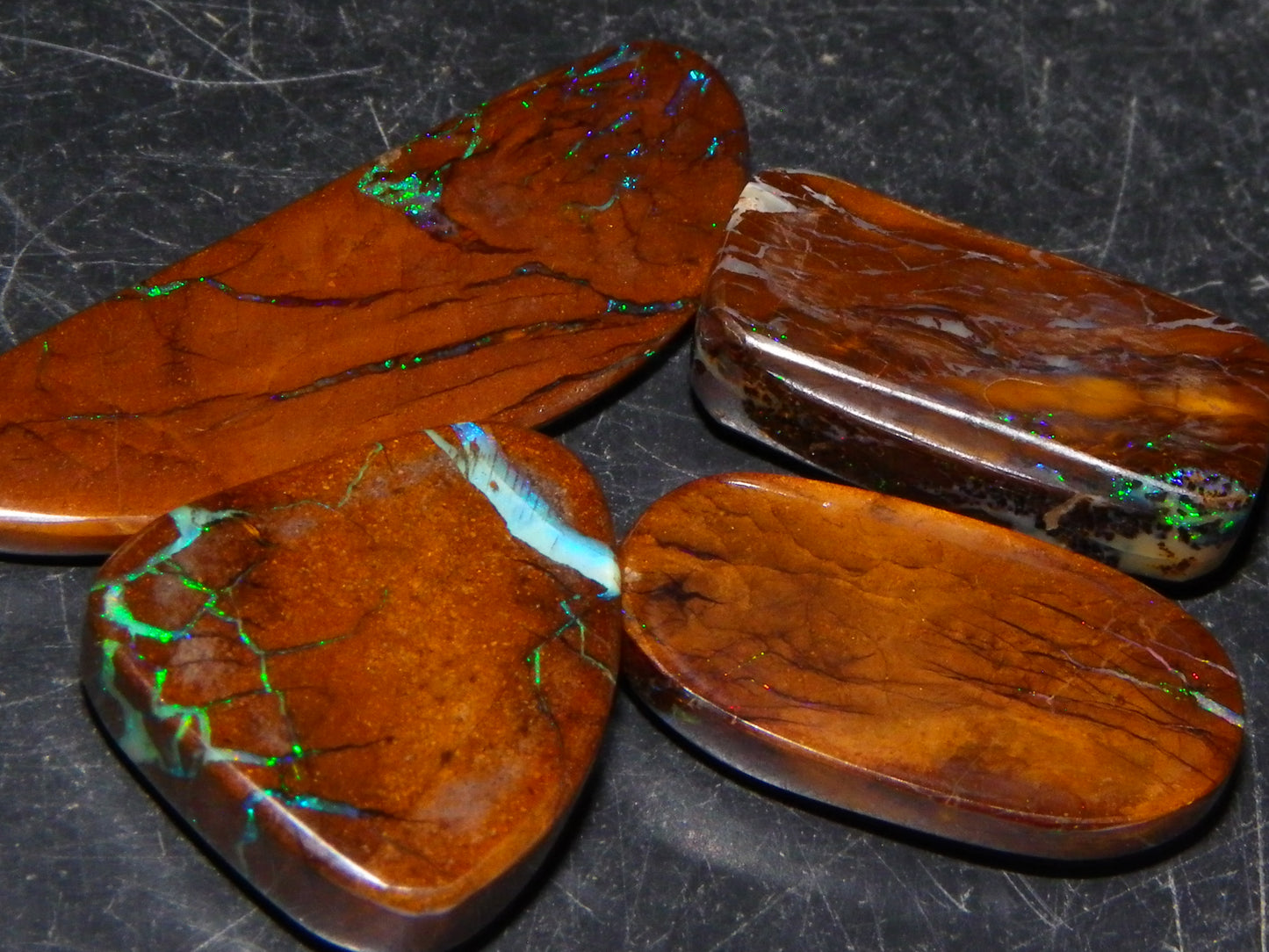 4 Nice Cut/Polished Boulder Opal Cabs/Freeforms 27.3cts Some Veins/Fires Green/reds