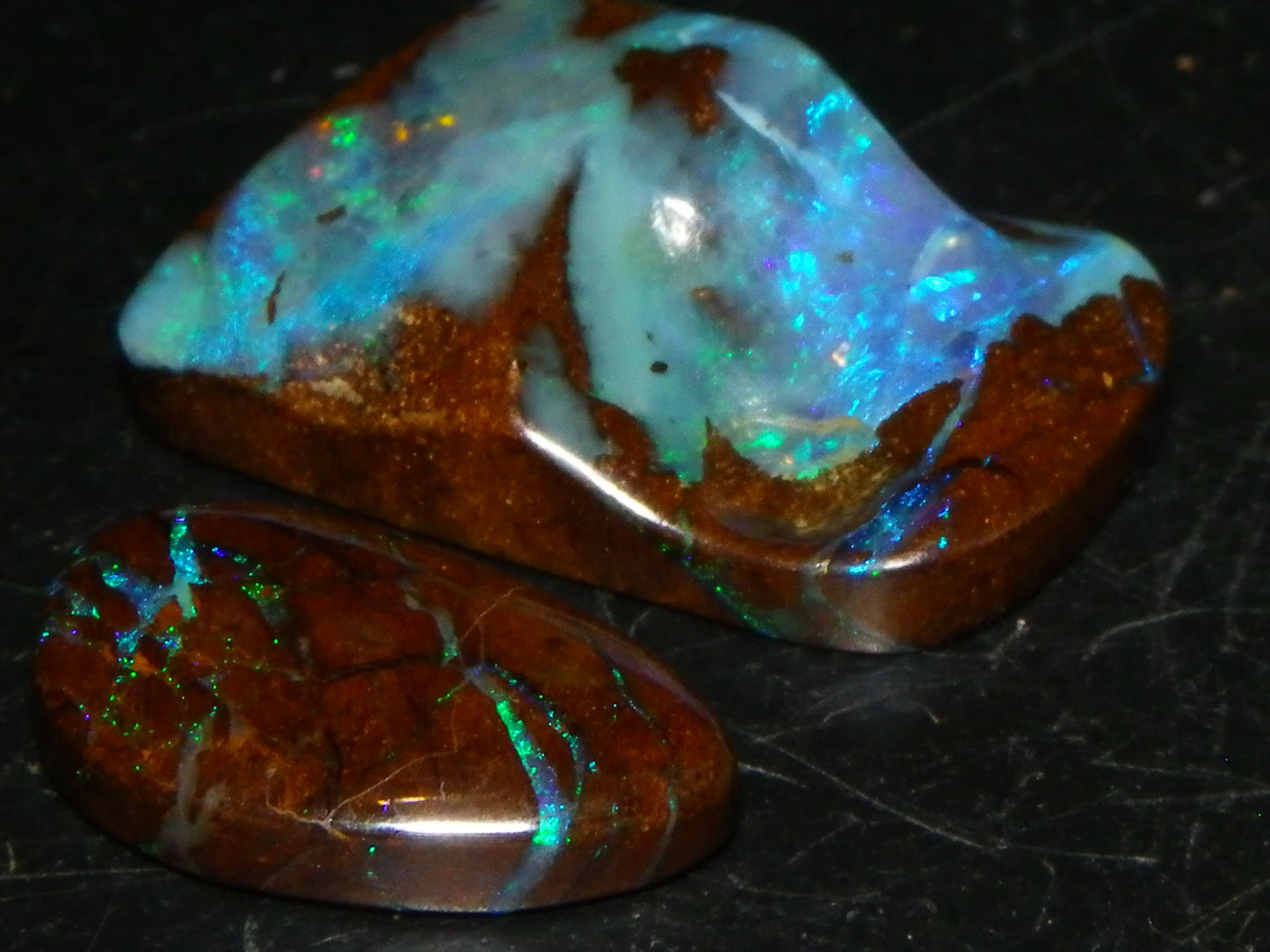 2 Cut/Polished Queensland Boulder Opals 26.3cts Blue/Green Fires :) Au