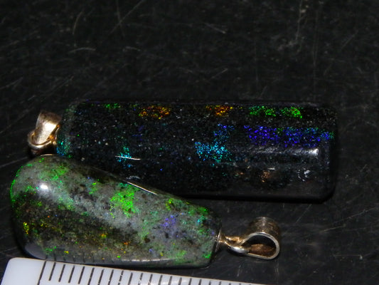 2 Nice Cut/Polished/Treated Andamooka Matrix Opals 31.7cts Silver 925 Pendants Blue/Green Fires