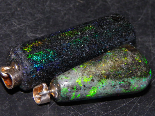 2 Nice Cut/Polished/Treated Andamooka Matrix Opals 31.7cts Silver 925 Pendants Blue/Green Fires