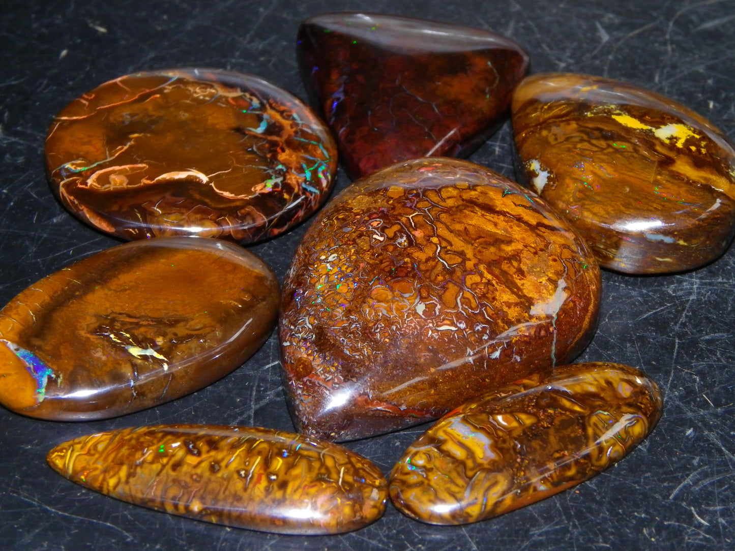 7 Nice Cut/Polished Koroit Opal Cabs/Freeforms 264cts Queensland Australia