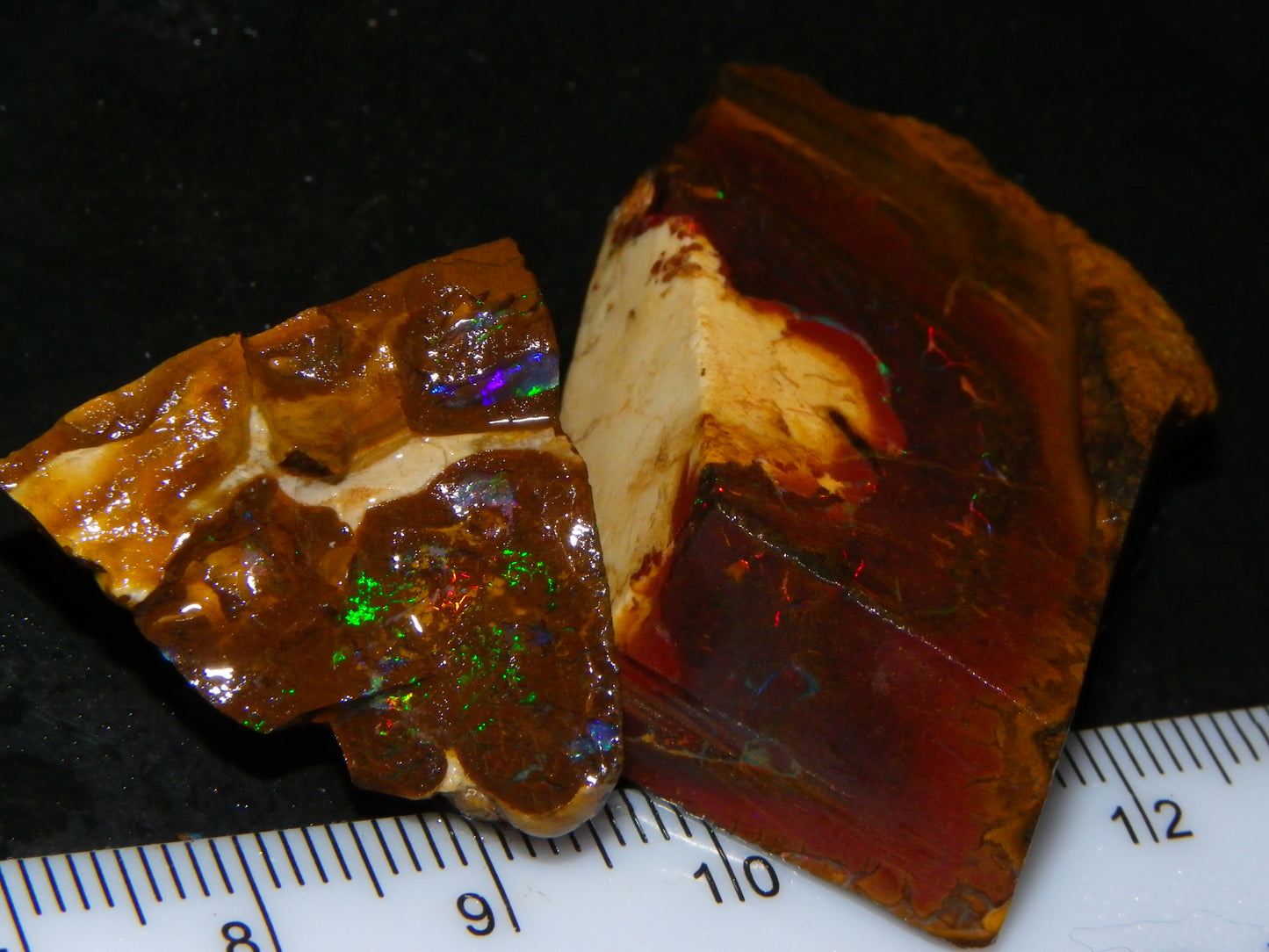 2 Nice Rough/Sliced Matrix/Koroit Opals 145.2cts Red/Green Fires Queensland Australia.