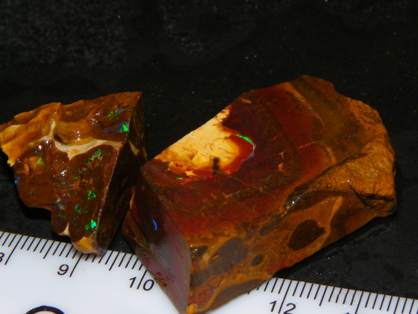 2 Nice Rough/Sliced Matrix/Koroit Opals 145.2cts Red/Green Fires Queensland Australia.