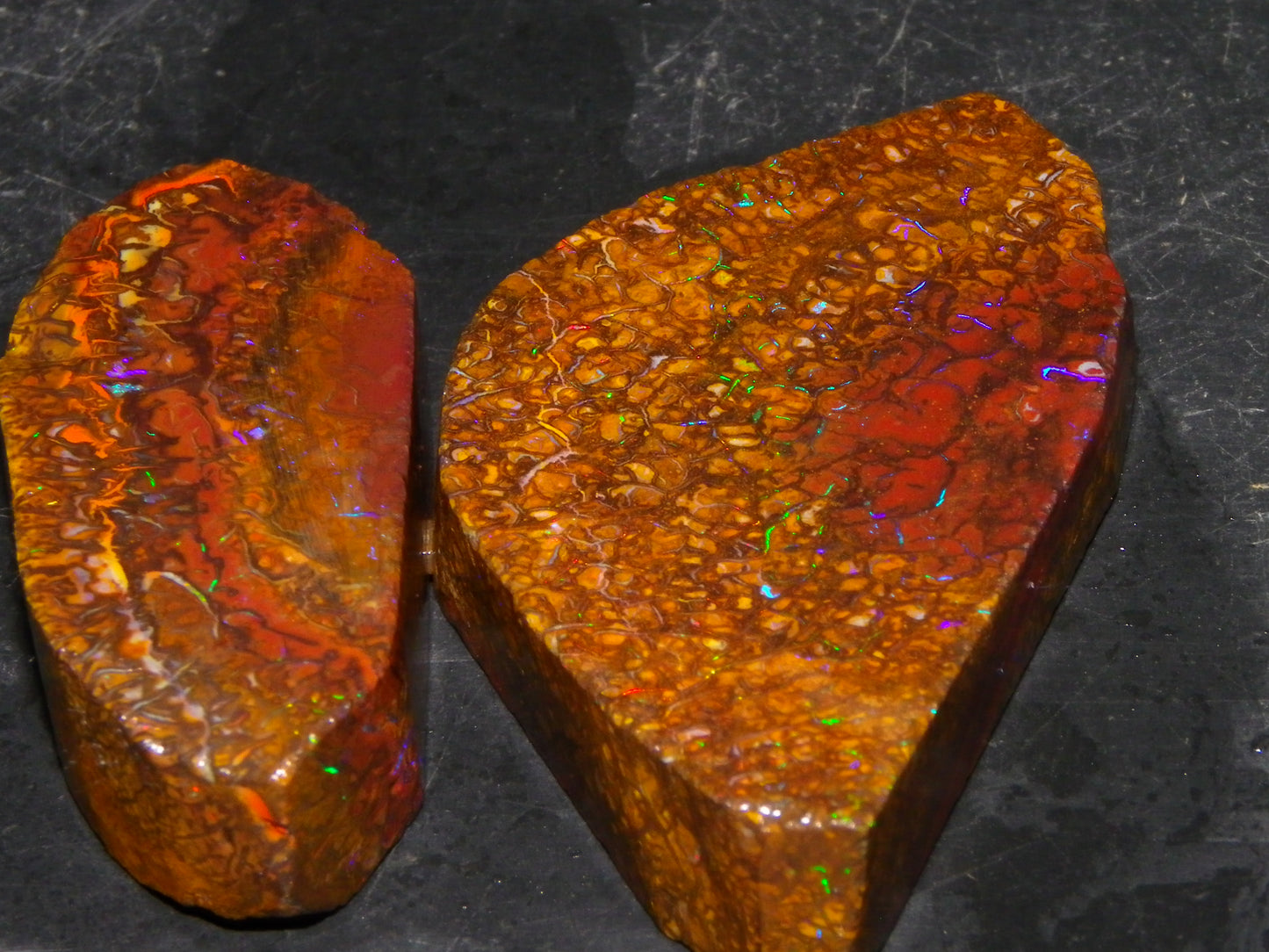 2 Nice Rubbed/Preform Koroit Opals 215.3cts Patterns/Fires Queensland Australia