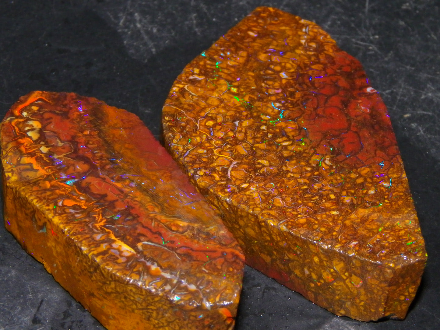 2 Nice Rubbed/Preform Koroit Opals 215.3cts Patterns/Fires Queensland Australia