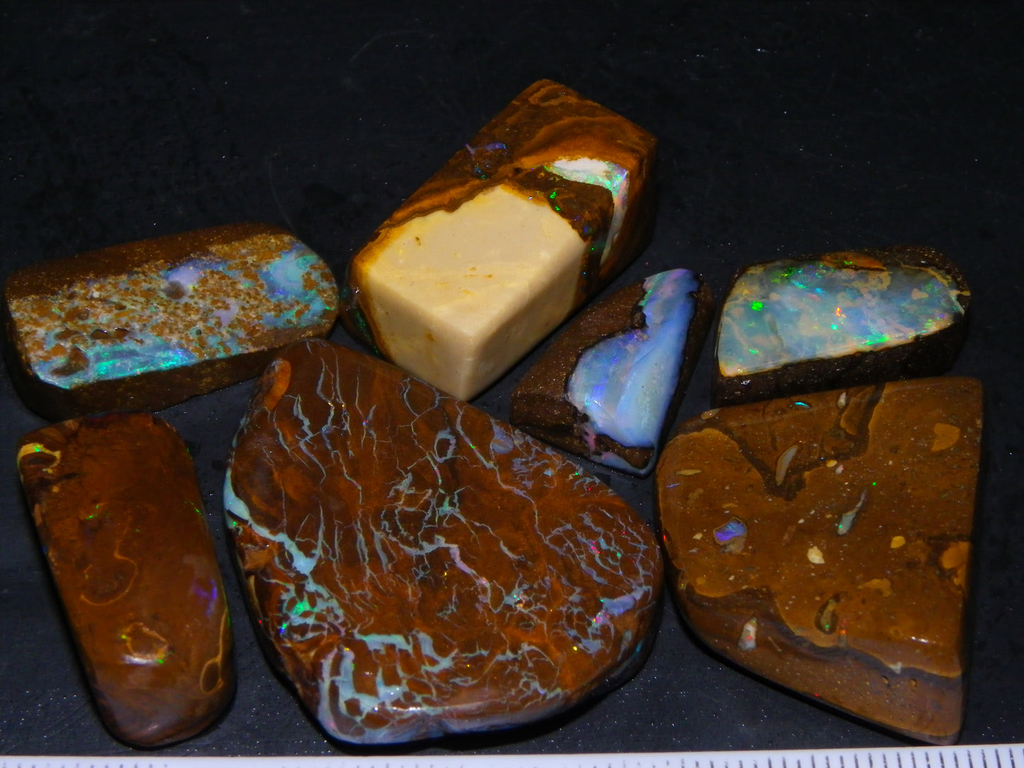 7 Nice Rubbed/Preform Bpulder Opal Cabs 239cts Fires/Veins/Patterns Qld Australia