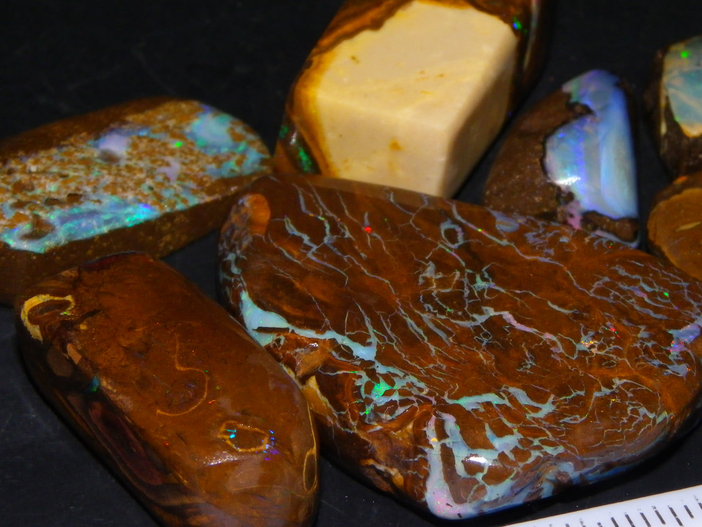 7 Nice Rubbed/Preform Bpulder Opal Cabs 239cts Fires/Veins/Patterns Qld Australia