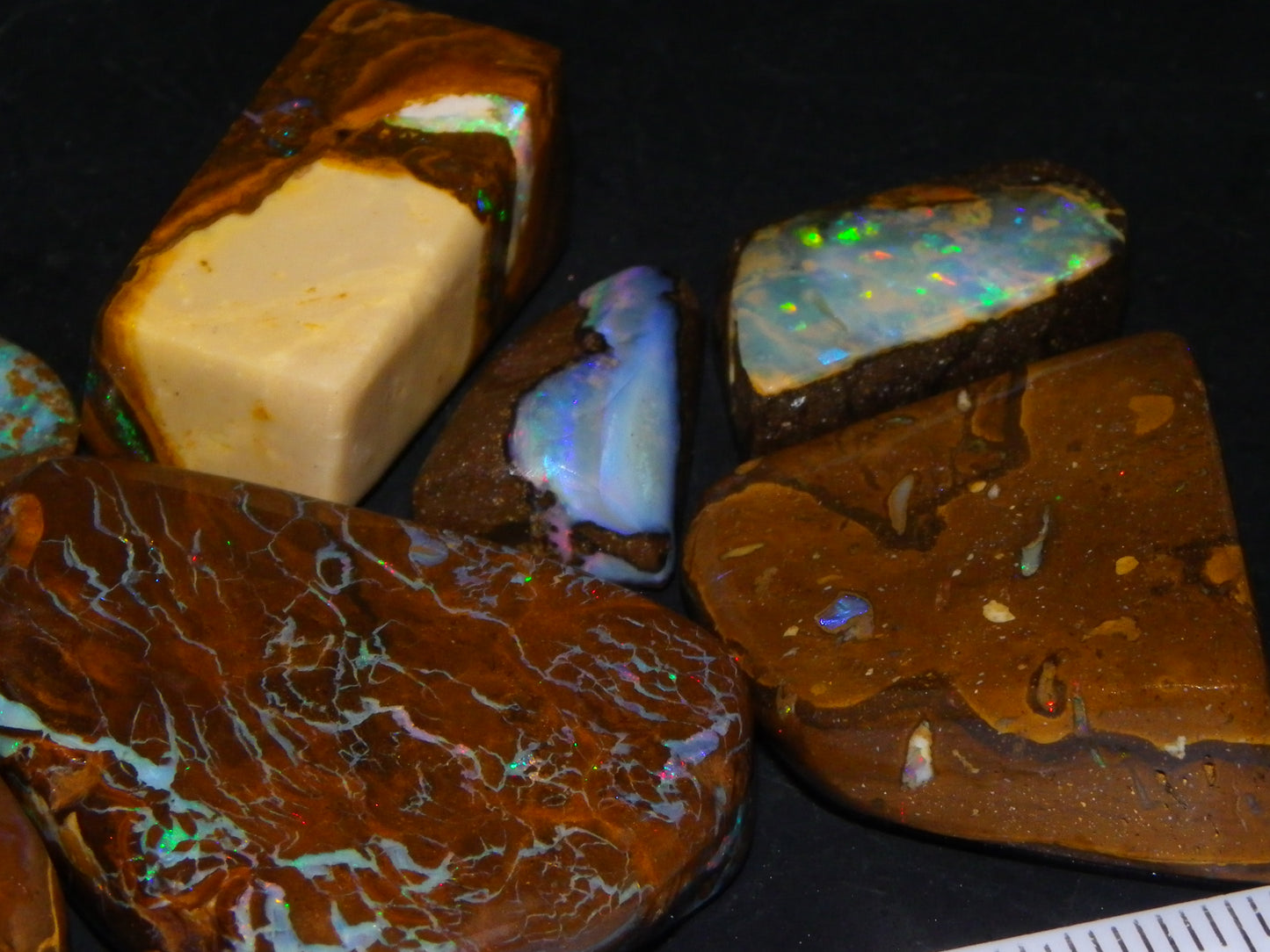 7 Nice Rubbed/Preform Bpulder Opal Cabs 239cts Fires/Veins/Patterns Qld Australia