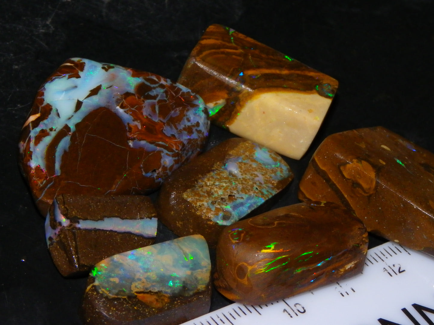 7 Nice Rubbed/Preform Bpulder Opal Cabs 239cts Fires/Veins/Patterns Qld Australia