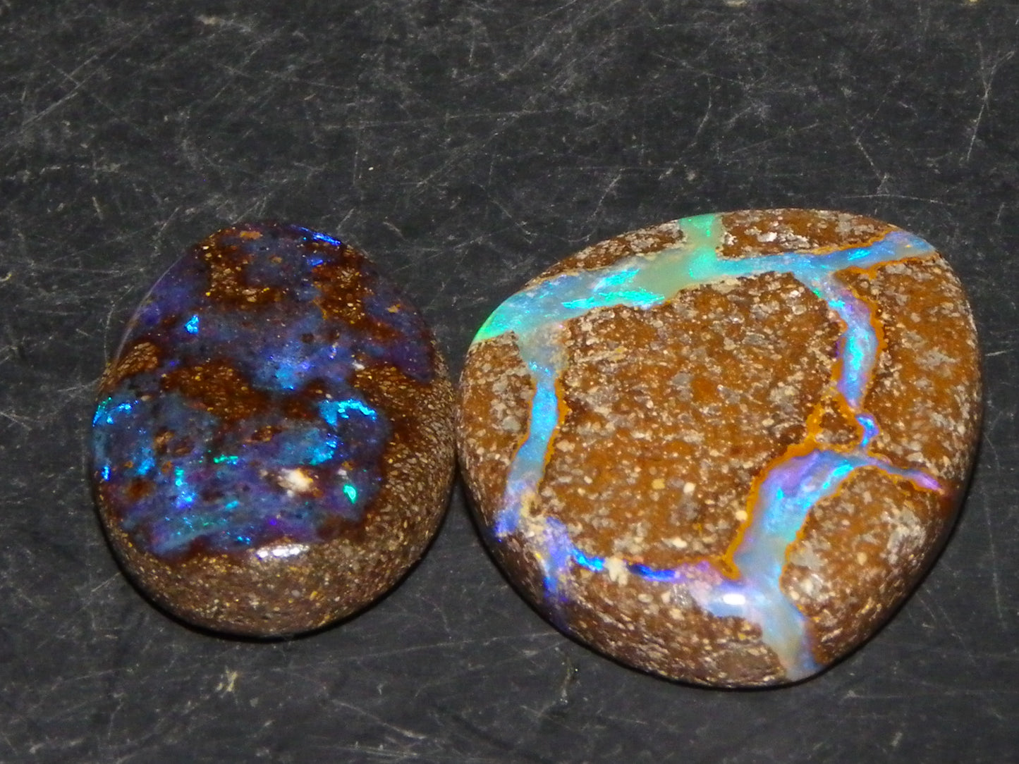 2 Cut/Polished Boulder Opals 14.6cts Queensland Australia Blue/Green Fires