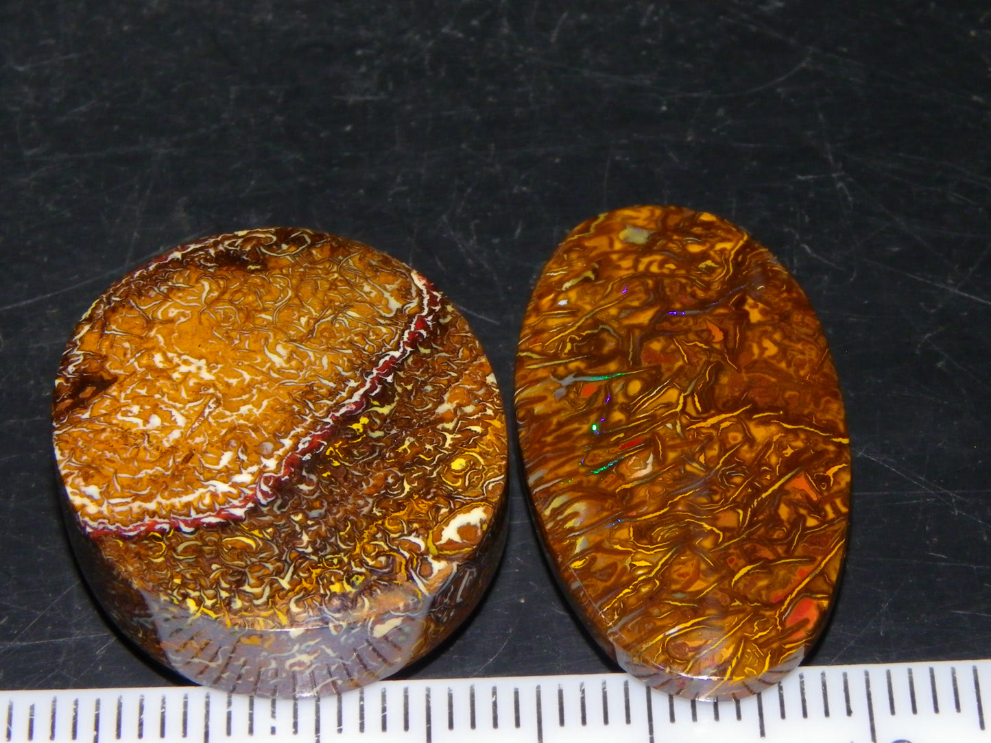 2 Nice Cut/Polished Koroit Opal Cabs/Freeforms 54.8cts Great Patterns Slight Fires :)