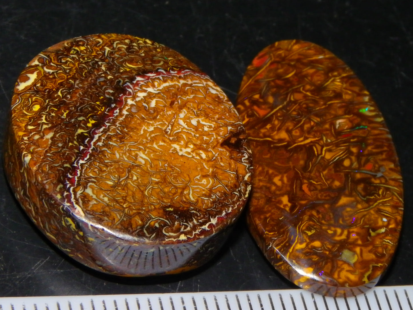 2 Nice Cut/Polished Koroit Opal Cabs/Freeforms 54.8cts Great Patterns Slight Fires :)