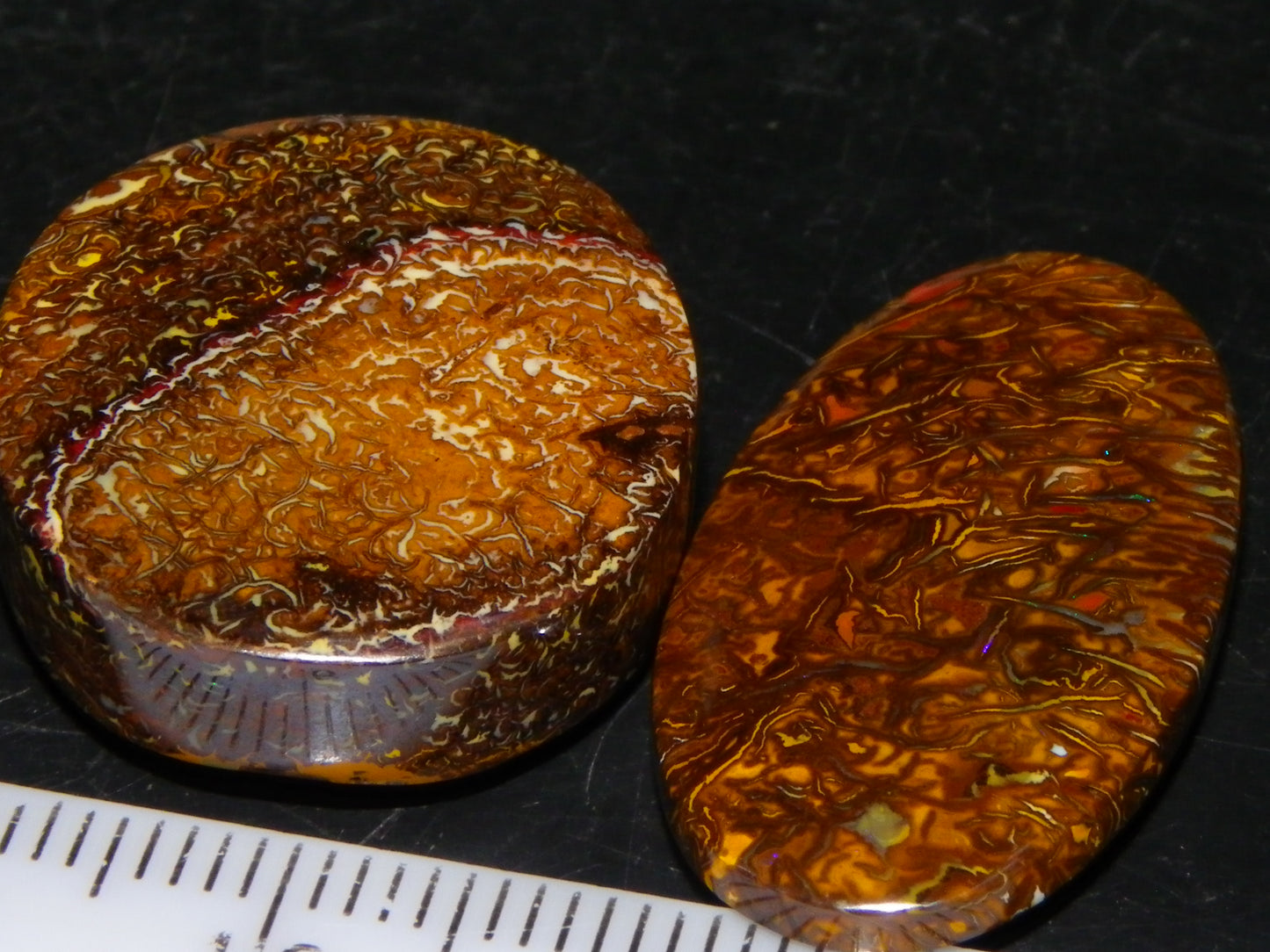 2 Nice Cut/Polished Koroit Opal Cabs/Freeforms 54.8cts Great Patterns Slight Fires :)