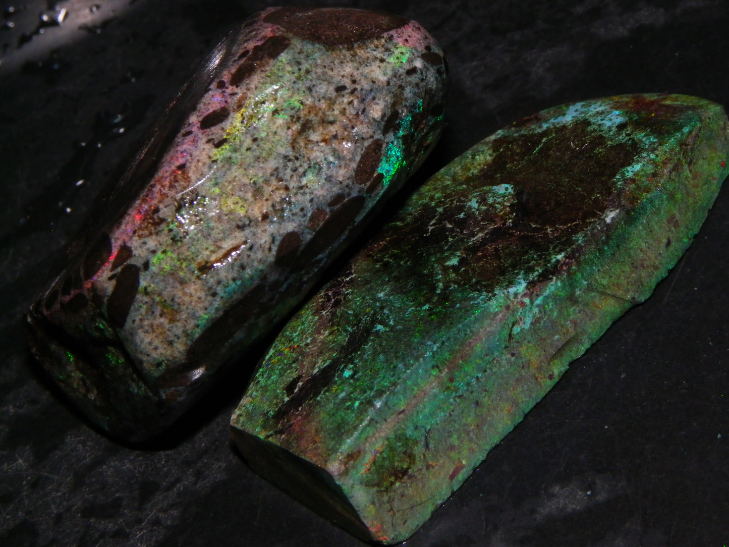 2 Treated/Andamooka Matrix Opal Rough Specimens 417cts Green/Pink Fires