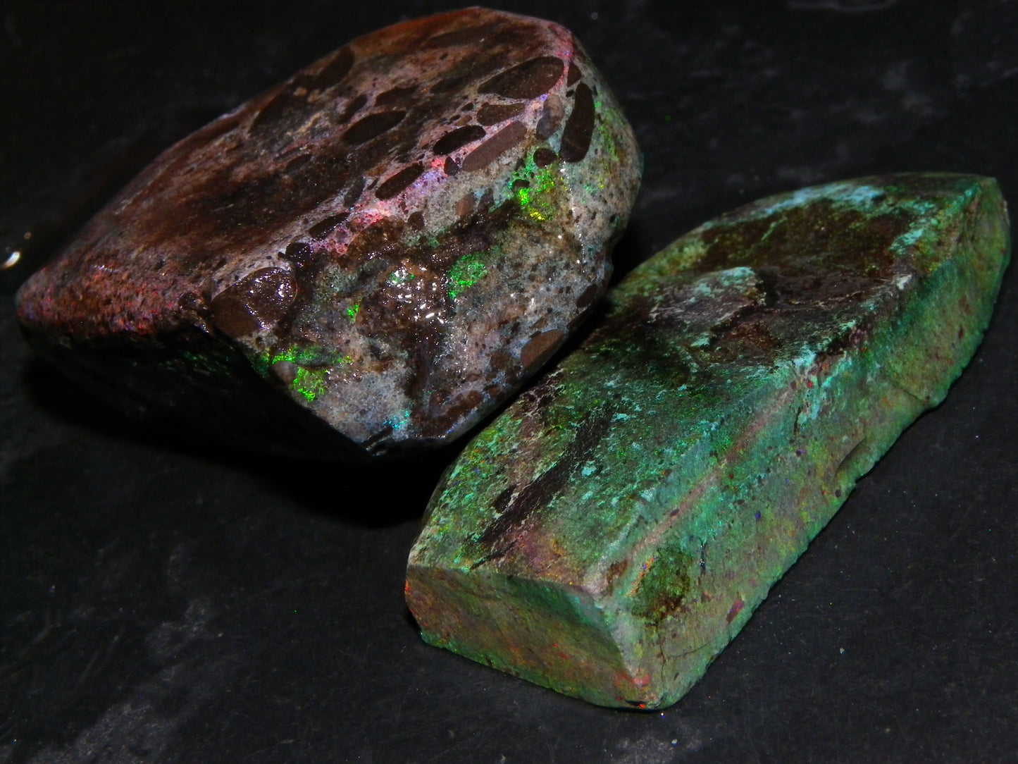 2 Treated/Andamooka Matrix Opal Rough Specimens 417cts Green/Pink Fires