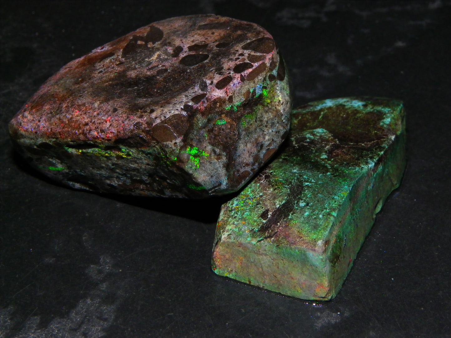 2 Treated/Andamooka Matrix Opal Rough Specimens 417cts Green/Pink Fires