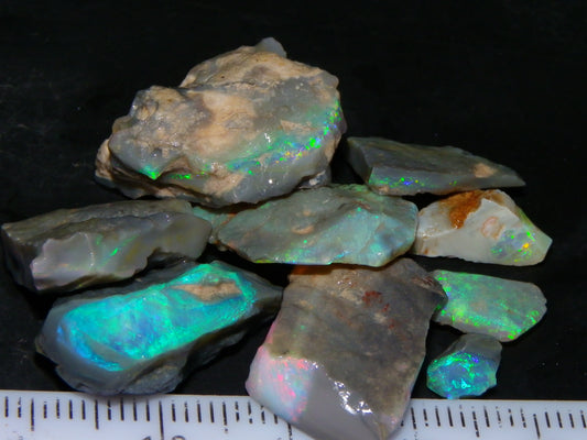 Nice Lightning Ridge Opal Rough Parcel 48.24cts Green/Blue/Red Fires Seam/Grey /Crystal