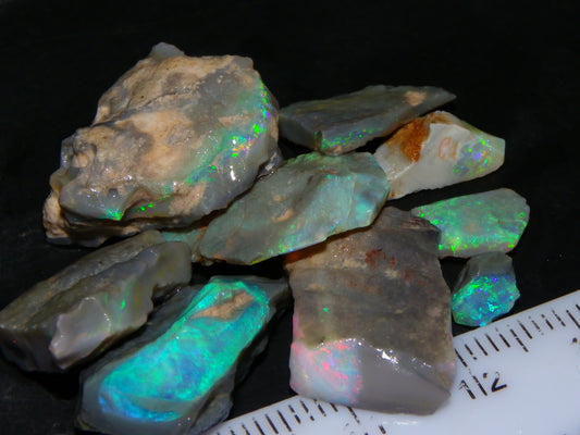 Nice Lightning Ridge Opal Rough Parcel 48.24cts Green/Blue/Red Fires Seam/Grey /Crystal