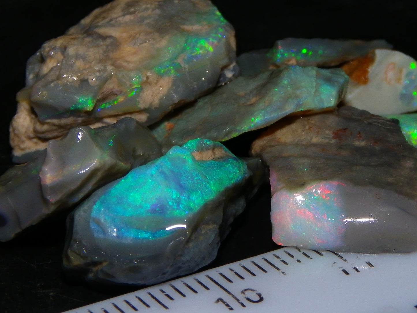 Nice Lightning Ridge Opal Rough Parcel 48.24cts Green/Blue/Red Fires Seam/Grey /Crystal