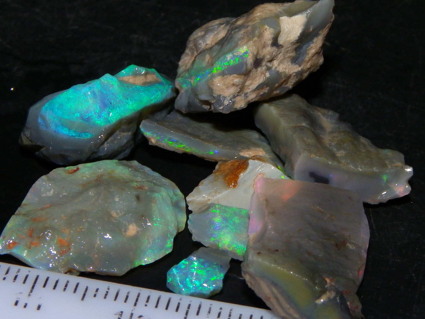 Nice Lightning Ridge Opal Rough Parcel 48.24cts Green/Blue/Red Fires Seam/Grey /Crystal