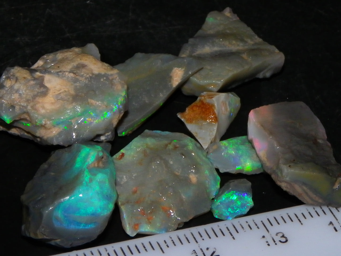 Nice Lightning Ridge Opal Rough Parcel 48.24cts Green/Blue/Red Fires Seam/Grey /Crystal