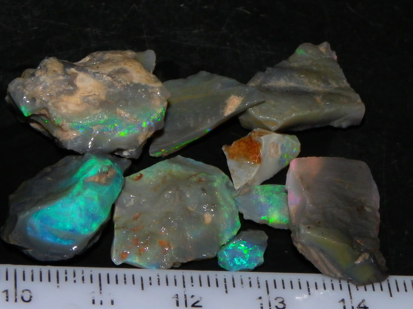 Nice Lightning Ridge Opal Rough Parcel 48.24cts Green/Blue/Red Fires Seam/Grey /Crystal