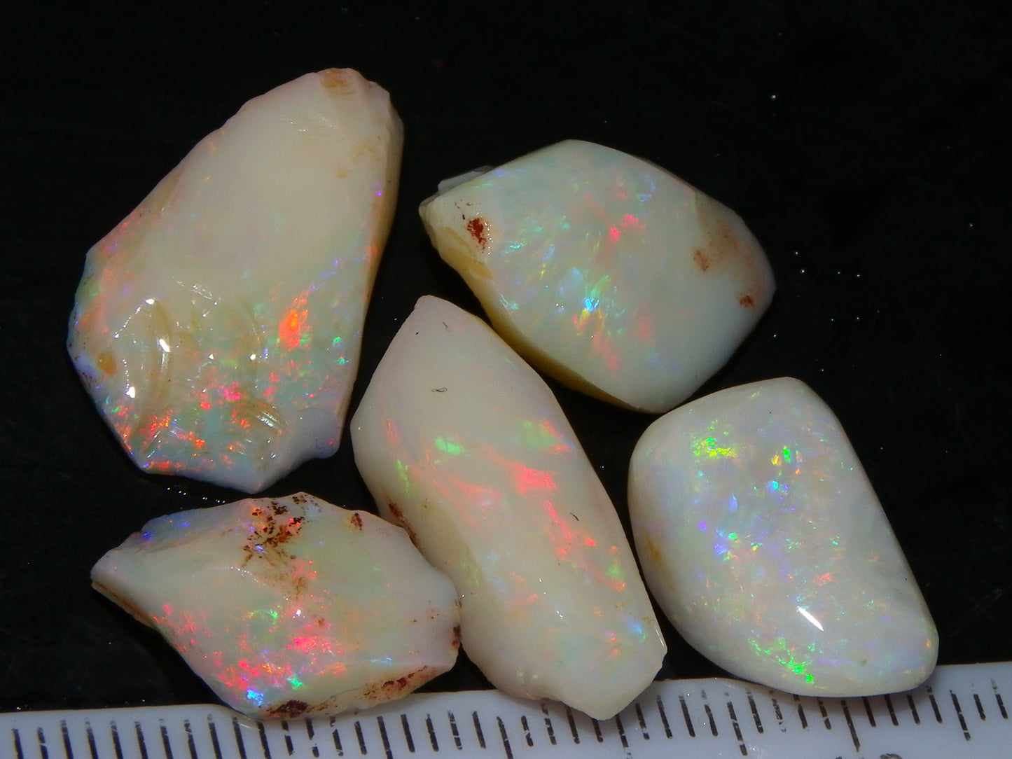 5 Nice Coober Pedy Rough/Rubbed Opals 31.65cts Red/Green/Blue Fires Australia