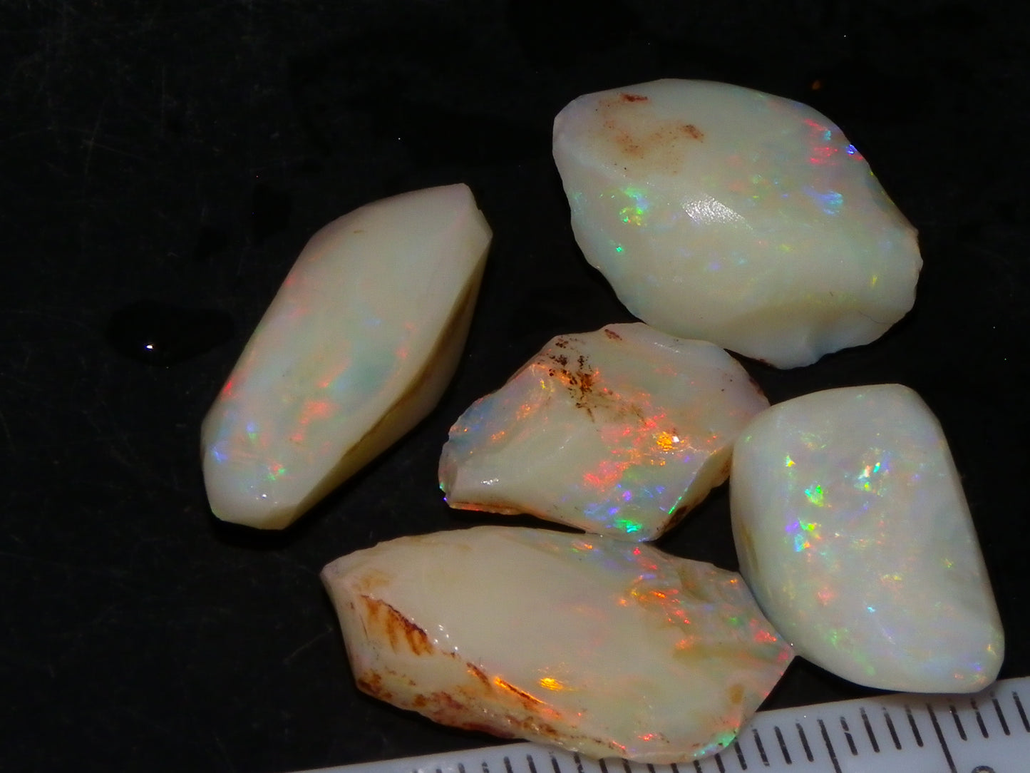 5 Nice Coober Pedy Rough/Rubbed Opals 31.65cts Red/Green/Blue Fires Australia