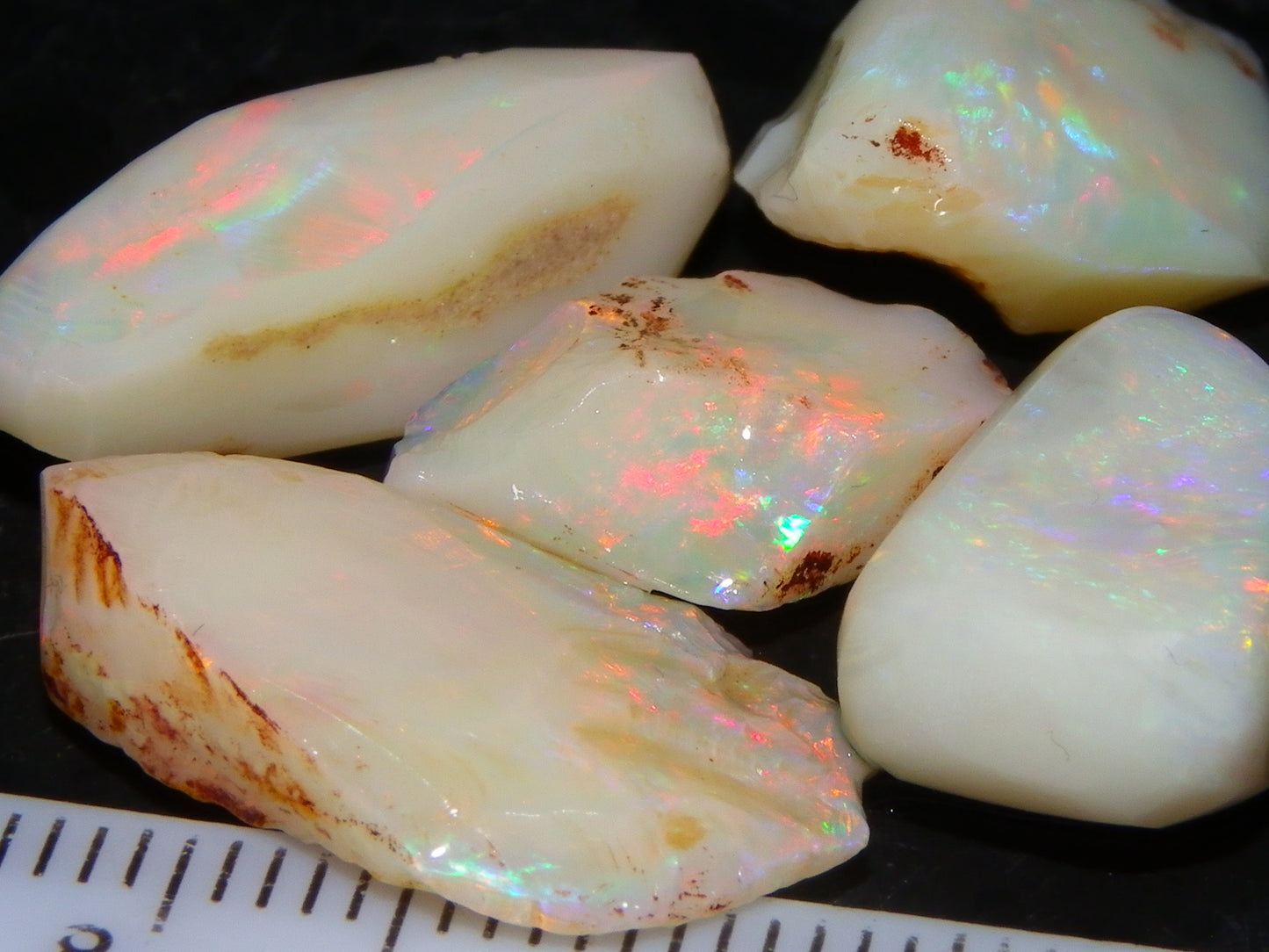 5 Nice Coober Pedy Rough/Rubbed Opals 31.65cts Red/Green/Blue Fires Australia