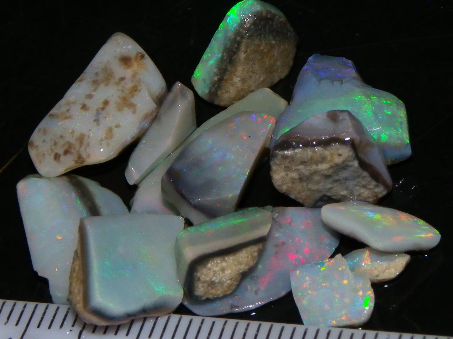 Nice Mintabie Opal Rubs/Rough Parcel 32cts Dark Base Green/Blue/Reds Australia (N)