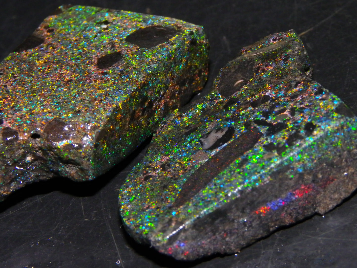 2 Quality/Sliced Andamooka Matrix Opals 84.5cts Multicolour Fires Australia (N)