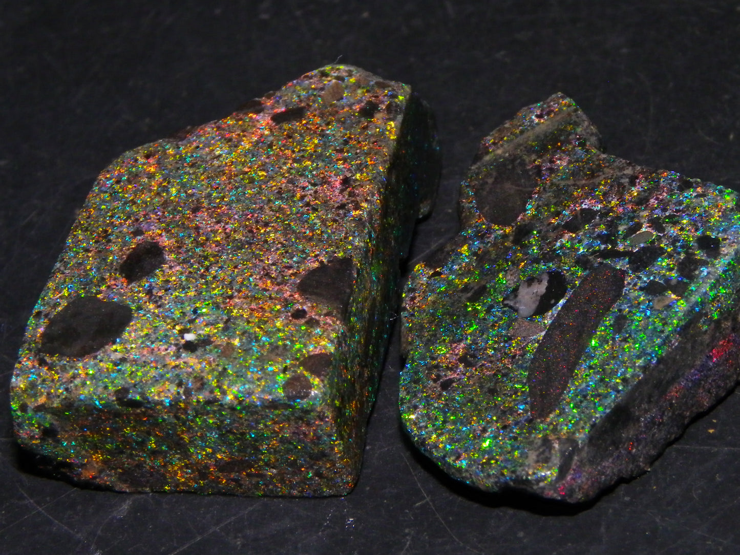 2 Quality/Sliced Andamooka Matrix Opals 84.5cts Multicolour Fires Australia (N)