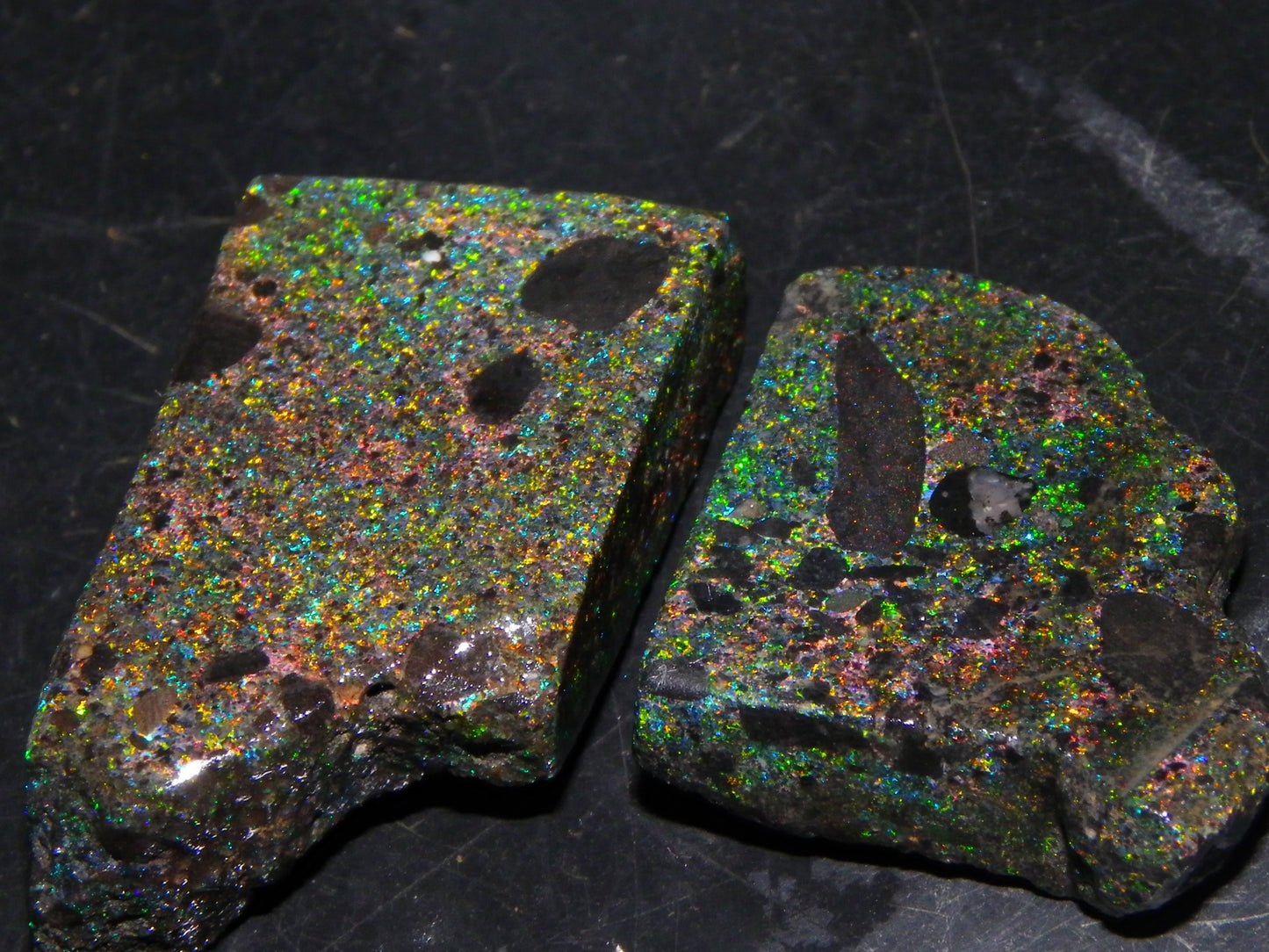 2 Quality/Sliced Andamooka Matrix Opals 84.5cts Multicolour Fires Australia (N)