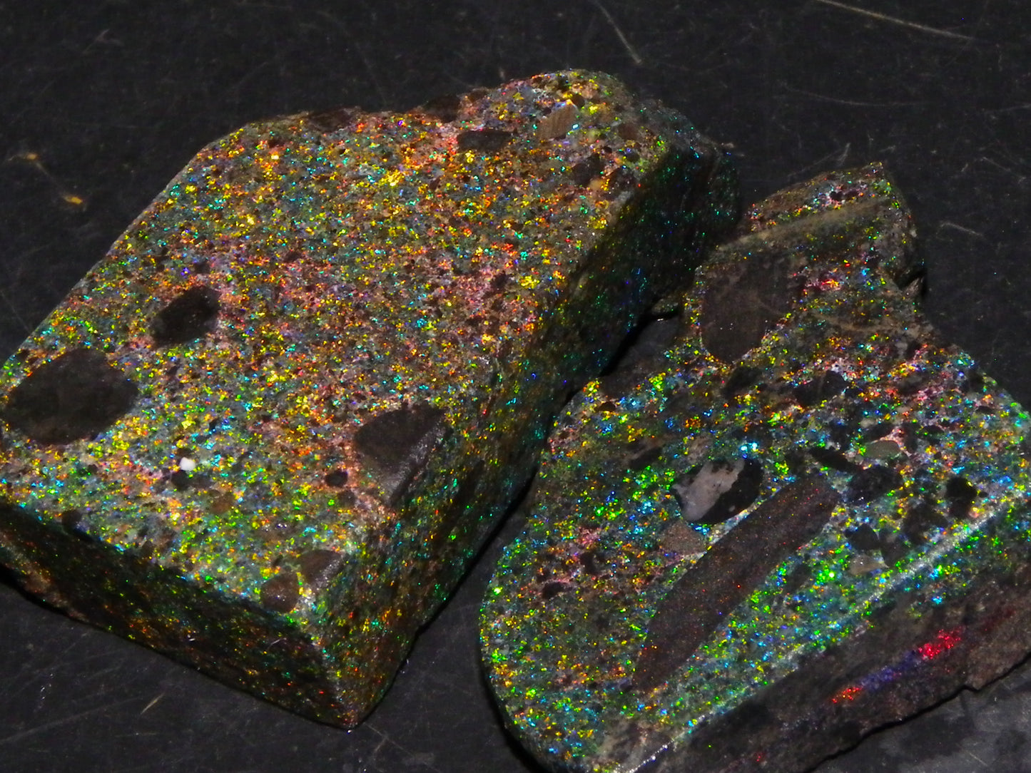 2 Quality/Sliced Andamooka Matrix Opals 84.5cts Multicolour Fires Australia (N)